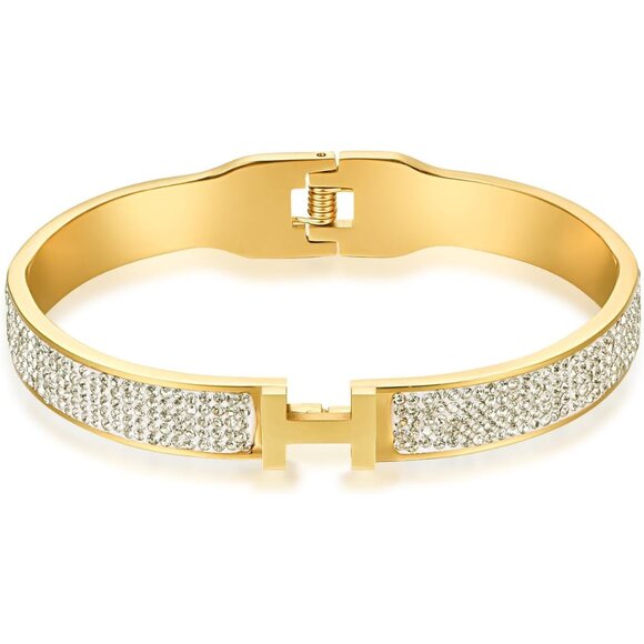 Elegant 18K Gold and Silver Plated Stainless Steel Bangle with Cubic Zirconia fo - Picture 2 of 3